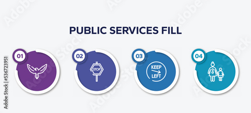 infographic element template with public services fill outline icons such as hawk, stop hexagonal, keep left, mother and child vector.