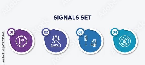 infographic element template with signals set outline icons such as parking hexagonal, parking worker, car traffic, wheel vehicle part vector.