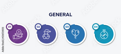 infographic element template with general outline icons such as poverty, teddy bear with sleep hat, floating balloons, compass pointing south east vector.