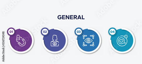 infographic element template with general outline icons such as user attraction, x-ray, trackability, message app vector.