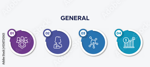infographic element template with general outline icons such as project team, shoulder immobilizer, organism, stock prices vector.
