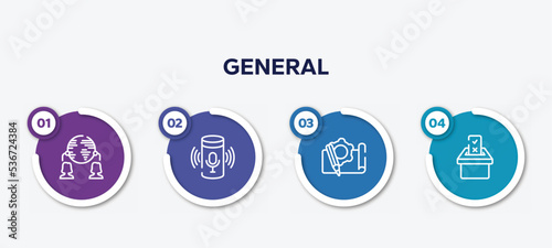 infographic element template with general outline icons such as outsourcing, smart assistant, prototyping, referendum vector.