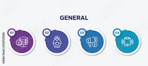 infographic element template with general outline icons such as real time data, matryoshka, marketing budget, smart speaker vector.
