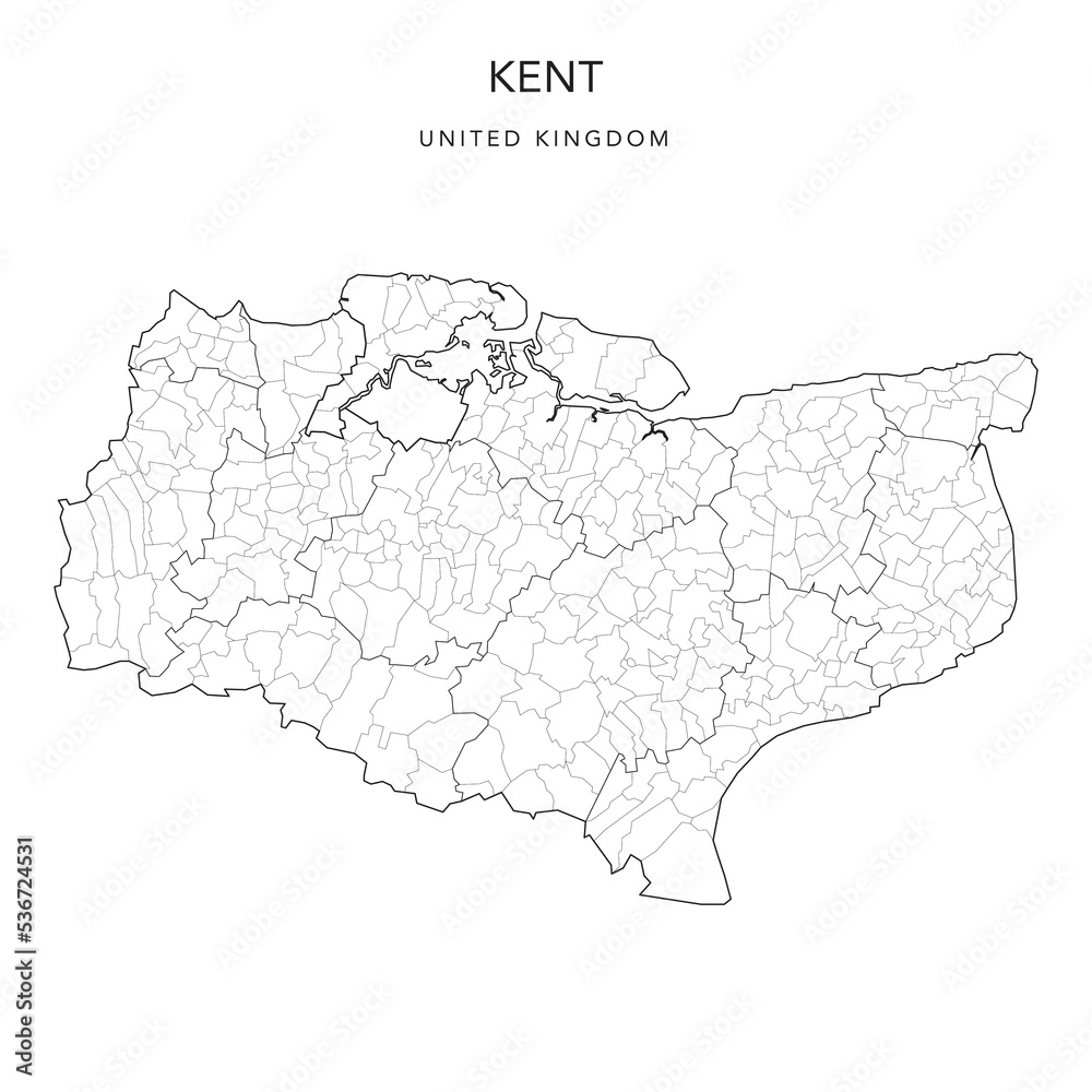 Administrative Map of Kent with Counties, Districts and Civil Parishes as of 2022 - United Kingdom, England - Vector Map