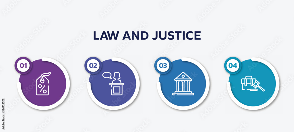 infographic element template with law and justice outline icons such as bargain, witness, court, employment vector.