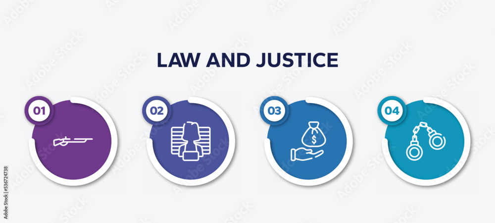 infographic element template with law and justice outline icons such as shotgun, prisoner, bribery, criminal law vector.