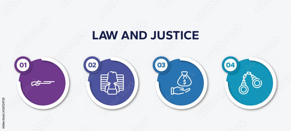 infographic element template with law and justice outline icons such as shotgun, prisoner, bribery, criminal law vector. infographic element template with law and justice outline icons such as shotgun, prisoner, bribery, criminal law vector.