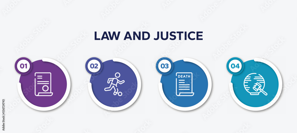 infographic element template with law and justice outline icons such as contract law, escape, death certificate, international law vector. infographic element template with law and justice outline icons such as contract law, escape, death certificate, international law vector.