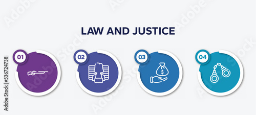 infographic element template with law and justice outline icons such as shotgun, prisoner, bribery, criminal law vector.
