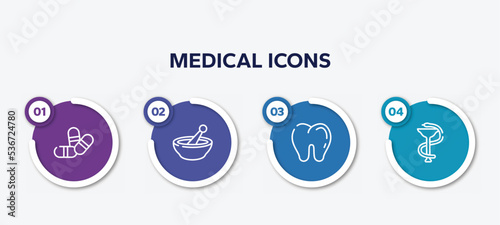 infographic element template with medical icons outline icons such as two color pill, phary, teeth, phary vector.