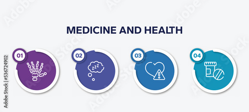 infographic element template with medicine and health outline icons such as human hand bones, zzz sleep, disease, phareutical drugs vector.