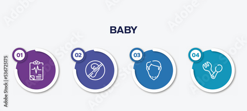 infographic element template with baby outline icons such as medical results, deaf, chin, spoon and fork vector.