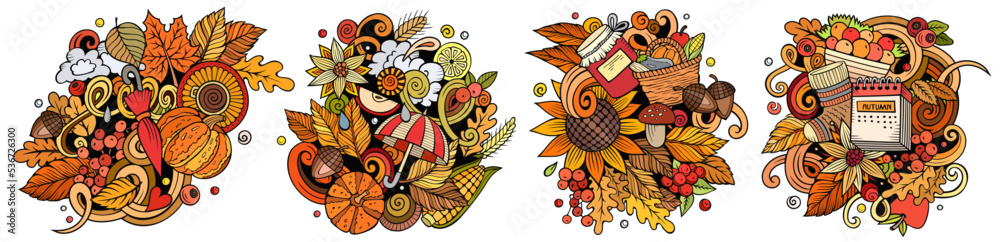 Autumn cartoon vector doodle designs set