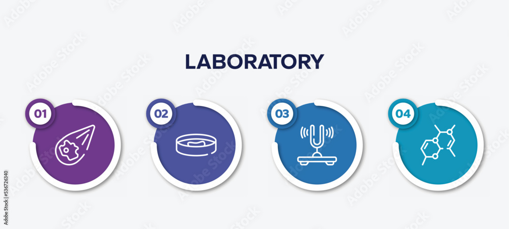 infographic element template with laboratory outline icons such as meteor, petri dish, tuning fork, chemical bond vector.