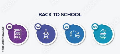 infographic element template with back to school outline icons such as scientific calculator, basketball player, baseball helmet, hopscotch vector.