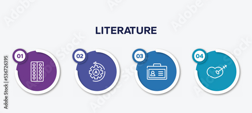 infographic element template with literature outline icons such as blister, automatic, student card, treason vector.