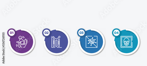 infographic element template with outline icons such as diarrhea, graph, antiviral, skull vector.