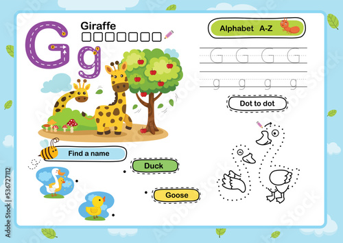 Alphabet Letter G-Giraffe exercise with cartoon vocabulary illustration, vector