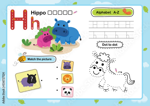 Alphabet Letter H-Hippo exercise with cartoon vocabulary illustration, vector