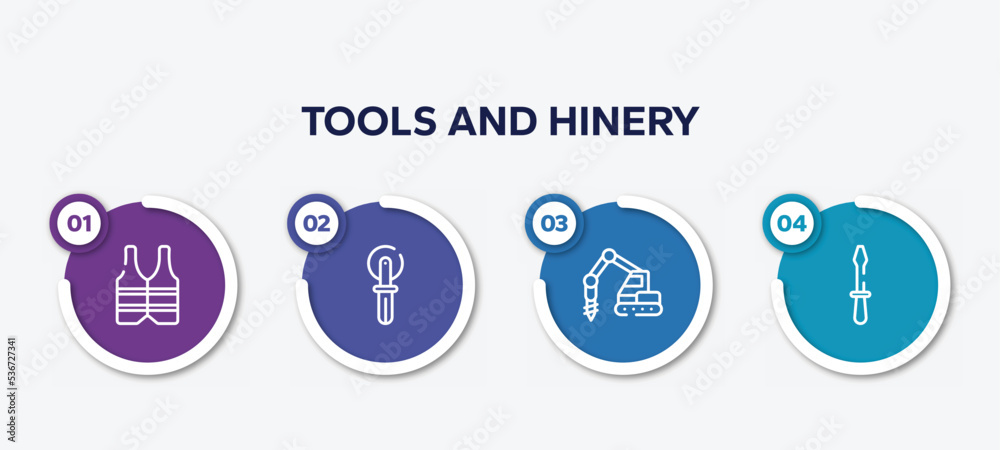 infographic element template with tools and hinery outline icons such as reflective vest, knife for pizza, trucking, screwdriver pointing up vector.