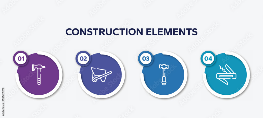 infographic element template with construction elements outline icons such as battle axe, wheelbarrow full, hammer facinf left, jackknife vector.