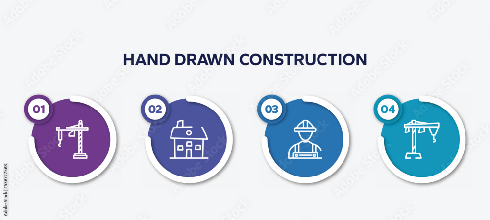 infographic element template with hand drawn construction outline icons such as construction crane hine, house hand drawn building, constructor hand drawn worker, construction sketch vector. infographic element template with hand drawn construction outline icons such as construction crane hine, house hand drawn building, constructor hand drawn worker, construction sketch vector.