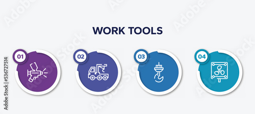 infographic element template with work tools outline icons such as paint airbrush, truck with crane, constructions, vent vector.