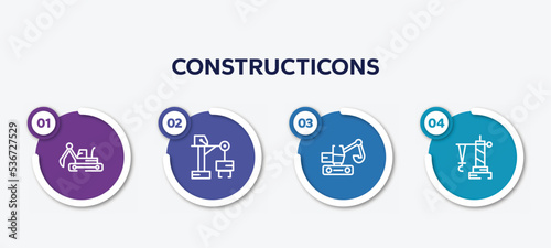 infographic element template with constructicons outline icons such as excavator hine arm, big derrick with boxes, digger, derrick facing right vector.