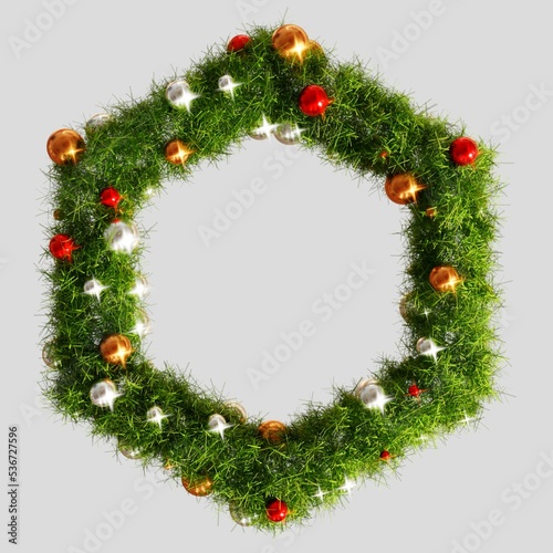 Beautiful christmas wreath hexagon frame on transparent background, top view with pace for text (3D Rendering)