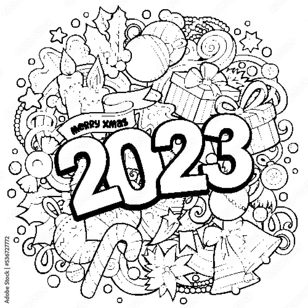 2023 doodles illustration. New Year objects and elements poster