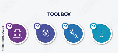 infographic element template with toolbox outline icons such as lunchbox, house, seatbelt, garden palette vector.