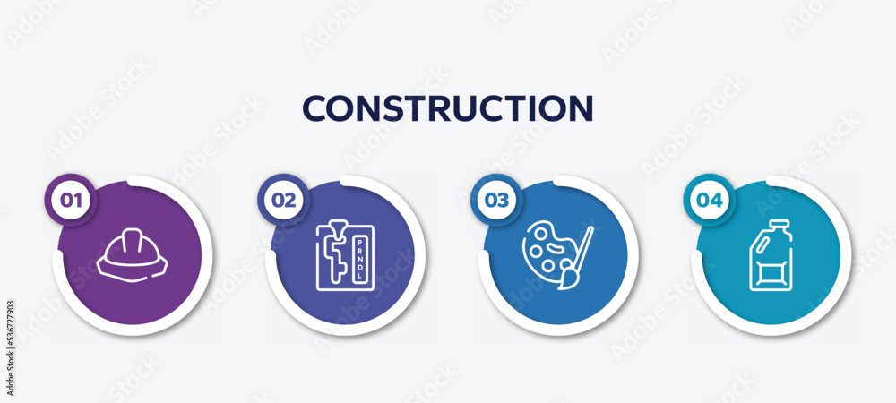 infographic element template with construction outline icons such as utensils, automatic transmission, pallete, jerrycan vector.