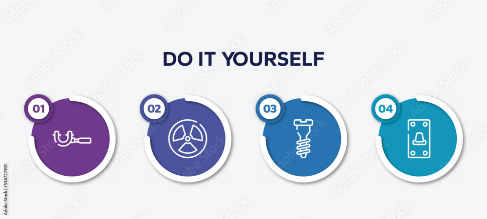 infographic element template with do it yourself outline icons such as micrometer, radiation, garage screw, switch on vector. infographic element template with do it yourself outline icons such as micrometer, radiation, garage screw, switch on vector.