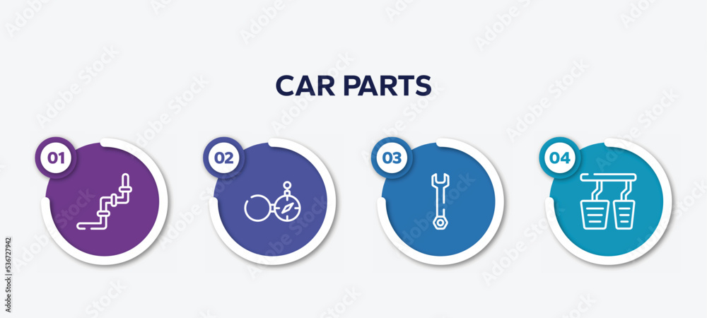 infographic element template with car parts outline icons such as junction, open compass, repair wrench, accelerator vector. infographic element template with car parts outline icons such as junction, open compass, repair wrench, accelerator vector.