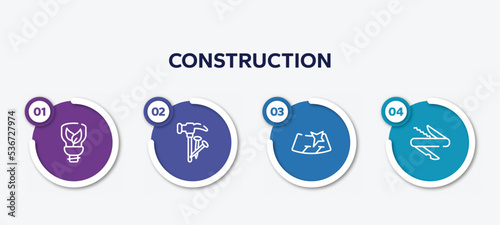 infographic element template with construction outline icons such as ecologic light bulb, hammer and nail, windshield, swiss knife vector.