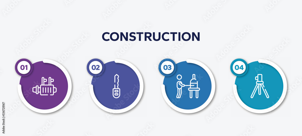 infographic element template with construction outline icons such as starter, car key, glassblowing, geodetic vector.