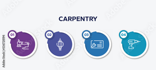 infographic element template with carpentry outline icons such as polisher, paper lantern, business cards, hand drill vector.