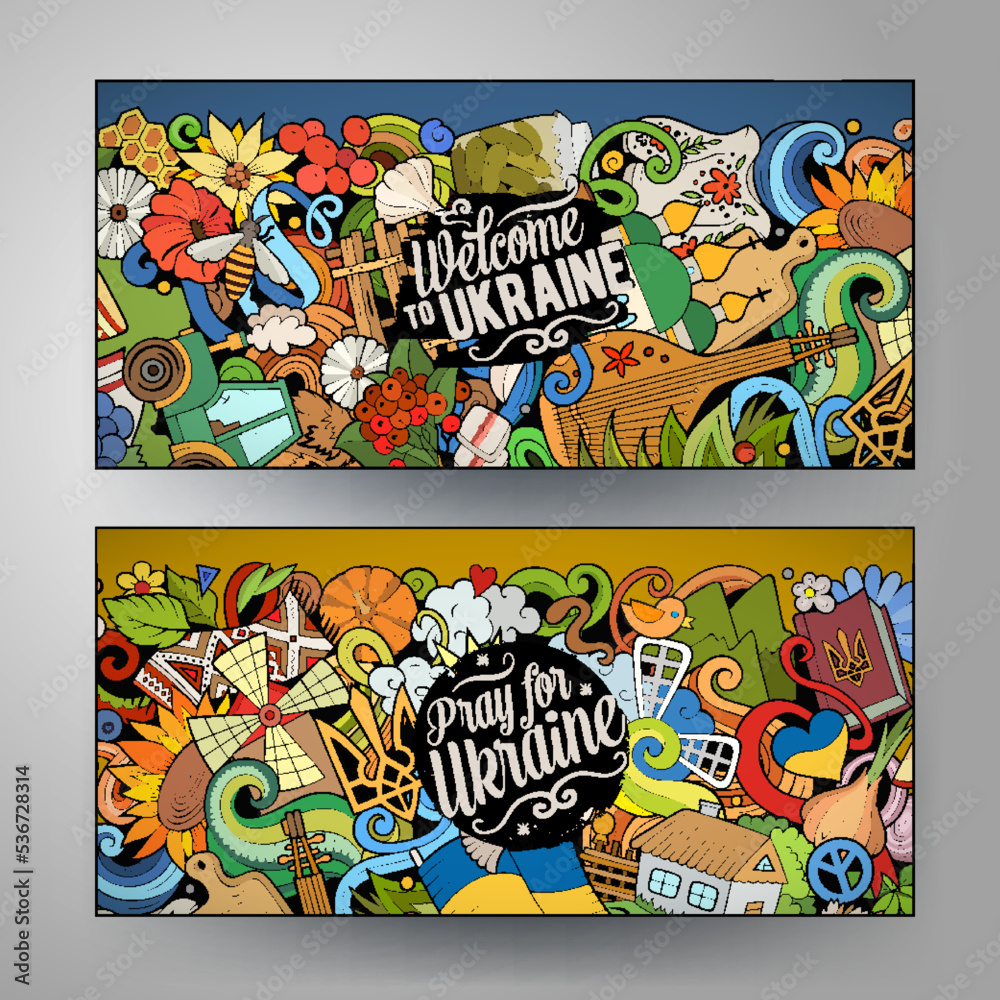 Obraz premium Cartoon cute colorful vector doodles Ukraine banners