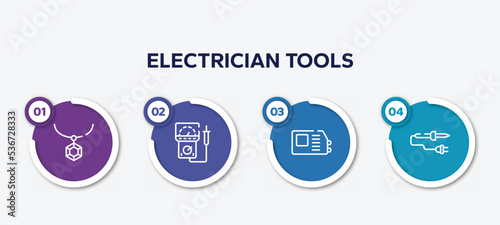 infographic element template with electrician tools outline icons such as rhinestone, electric meter, welding hine, soldering iron vector.