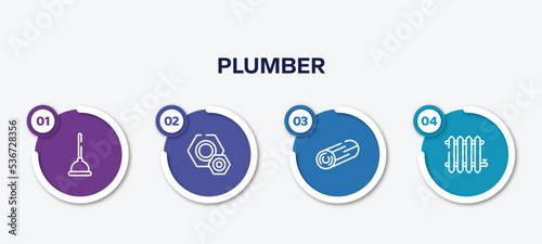 infographic element template with plumber outline icons such as plunger, knot, woods, radiator vector.