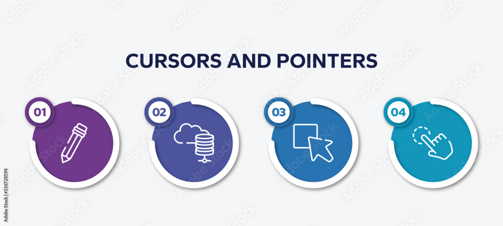 infographic element template with cursors and pointers outline icons such as pencil cursor, server for cloud, test box, click gesture vector.