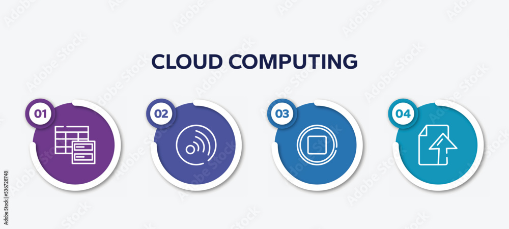 infographic element template with cloud computing outline icons such as data spreadsheet, rss updates subscription, media stop button, ftp upload vector. infographic element template with cloud computing outline icons such as data spreadsheet, rss updates subscription, media stop button, ftp upload vector.