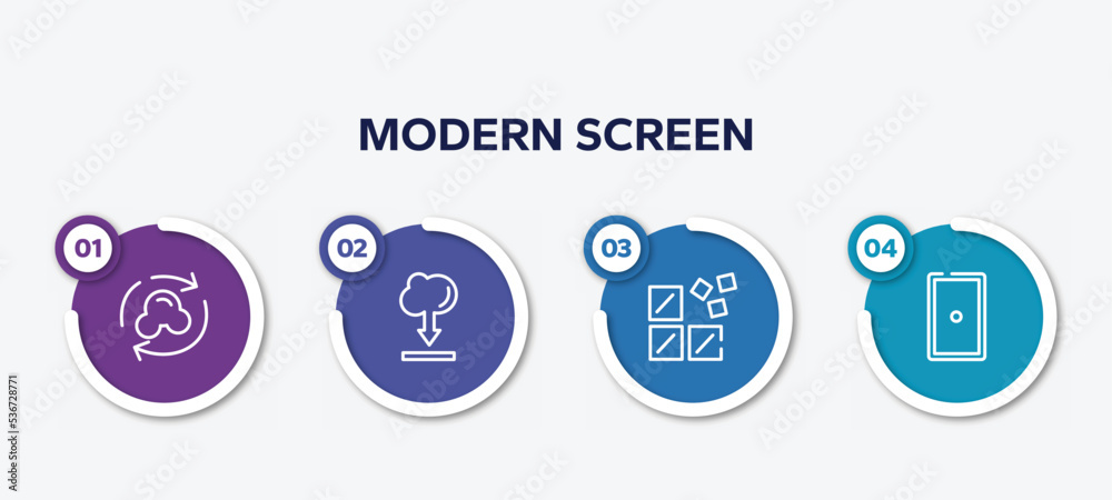 infographic element template with modern screen outline icons such as synchronize with internet, internet cloud download, registry, grip vector.