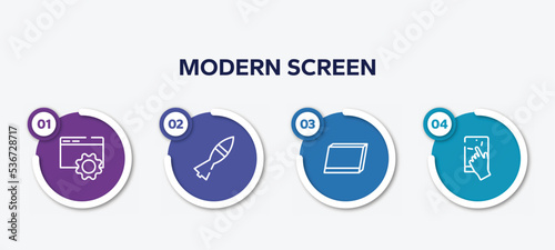 infographic element template with modern screen outline icons such as internet configuration tings, missile war weapon, tablet screen in perspective, touch vector.