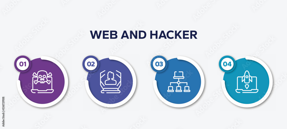 infographic element template with web and hacker outline icons such as attack, hologram, site map, missile vector. infographic element template with web and hacker outline icons such as attack, hologram, site map, missile vector.