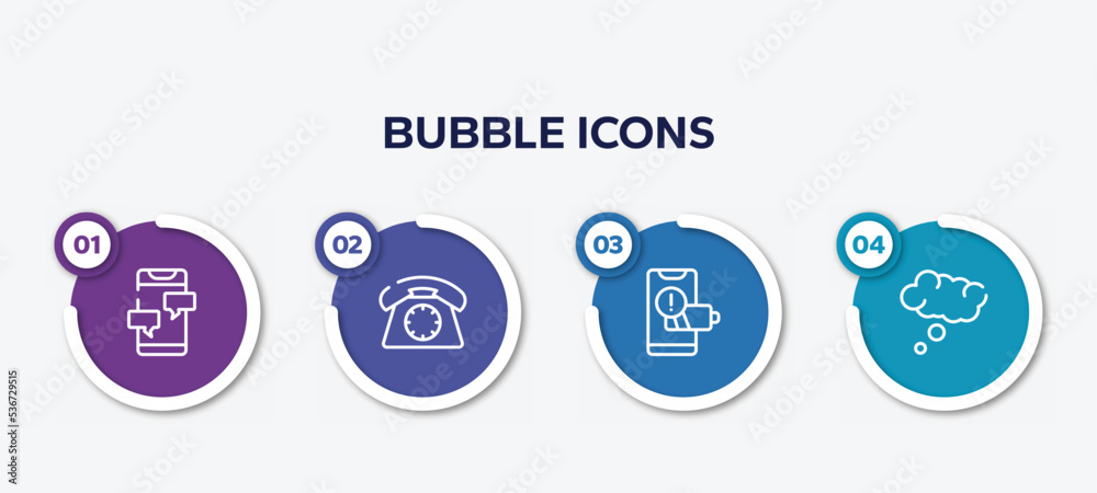 infographic element template with bubble icons outline icons such as message from phone, dial phone, phone with low battery, thinking bubble vector. infographic element template with bubble icons outline icons such as message from phone, dial phone, phone with low battery, thinking bubble vector.