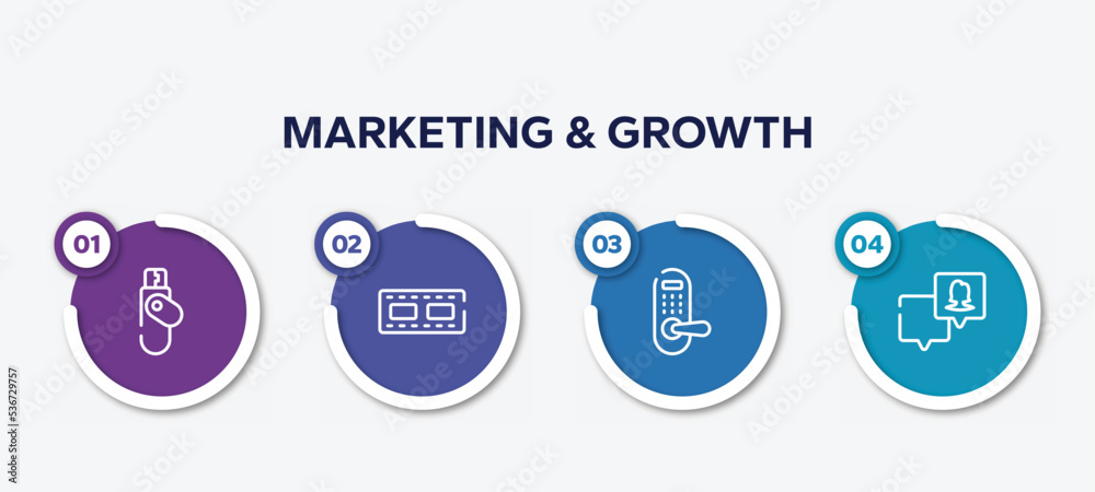 infographic element template with marketing & growth outline icons such as flash disk, reel, door lock, followers vector.