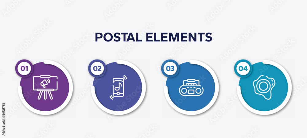 infographic element template with postal elements outline icons such as projection, ringtone, tape player, seals vector. infographic element template with postal elements outline icons such as projection, ringtone, tape player, seals vector.