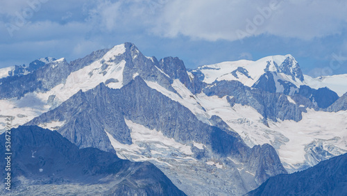 The landscape of the Swiss Alps  with the highest peaks and glaciers of the canton of Valais viewed from the Simplon Pass  Switzerland - July 2022.