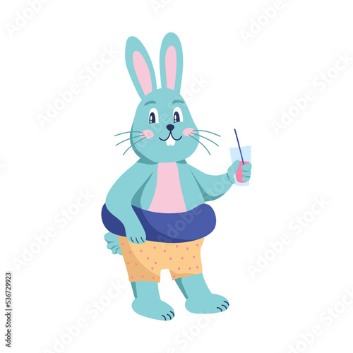 Rabbit is a character with a swimming circle and a cocktail. Flat vector illustration
